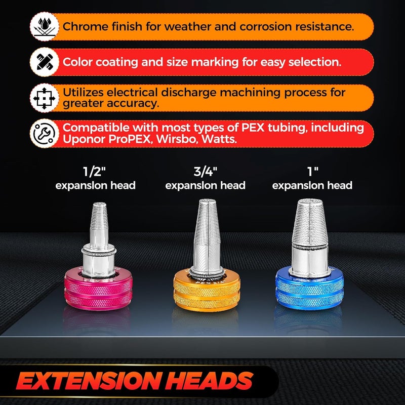 Saker PEX Tube Expansion Tool Kit | PEX-A Expansion Tool with 1/2'', 3/4'',1'' Expansion Heads | Mannual Expander Tool Kit SD-F1960 Standard PEX Coupling - Image 3